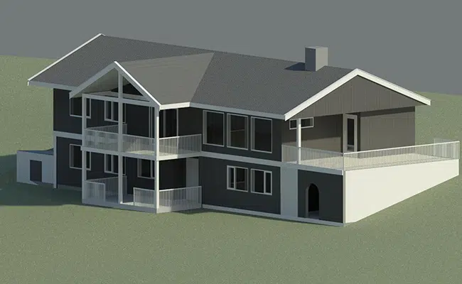 Digital tegning av et toetasjers hus